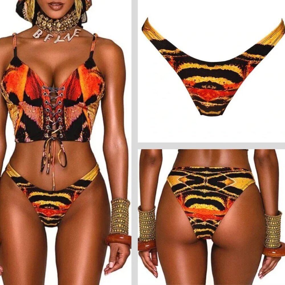 New! BFYNE Amila Black Yellow Orange Animal Print Bikini Bottom 10602